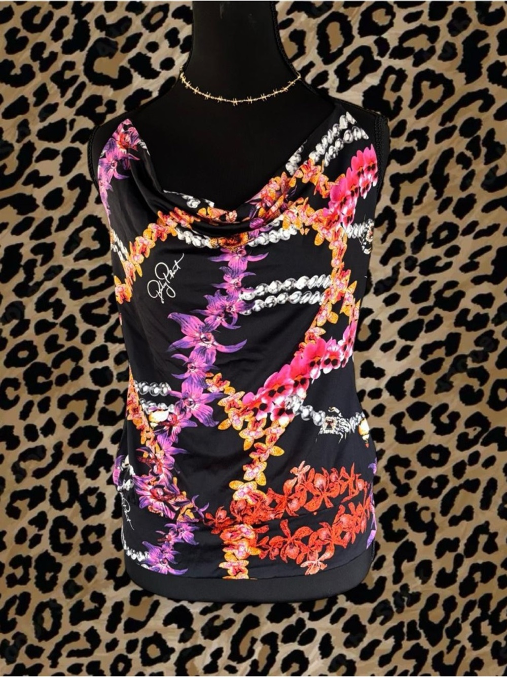 Baby Phat Black Floral & Chain-Print Cowl Neck Camisole